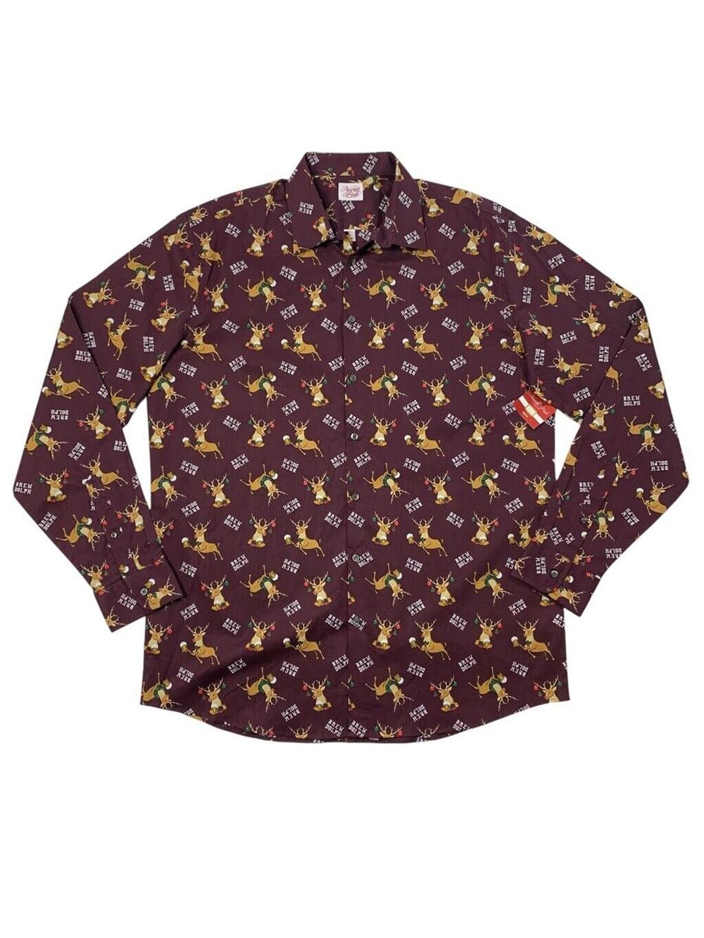 North Pole Shirt‎ Mens XLT Tall Burgundy Brew Dolph Rudolph the Reindeer Holiday